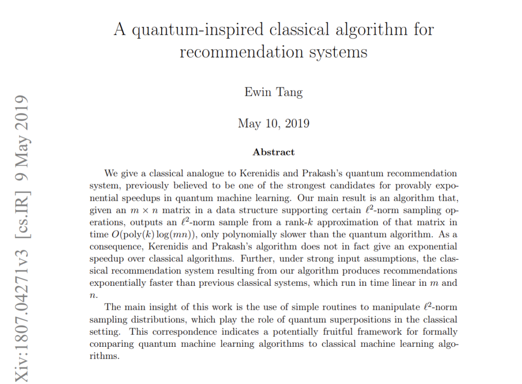 Paper Highlight – Quantum Inspired classical algorithm for ...