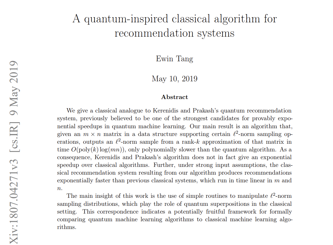 Paper Highlight – Quantum Inspired classical algorithm for ...